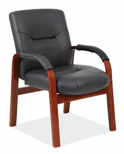 Black Leather-Soft Vinyl Contemporary Guest Chair w/Cherry Frame by OfficeSource®
