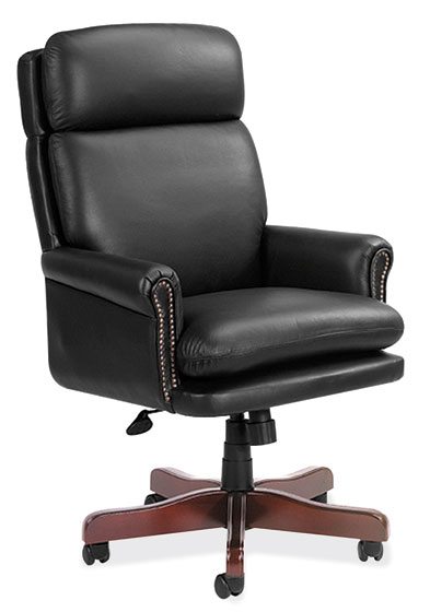 Black Leather-Soft Vinyl Traditional High Back Executive Swivel w/Mahogany Finish by OfficeSource®