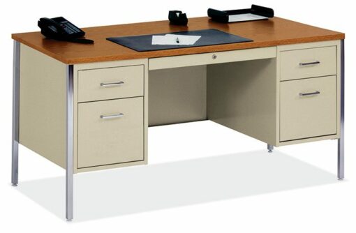Medium Oak/Putty Contemporary Steel/Laminate Double Pedestal Desk by OfficeSource®