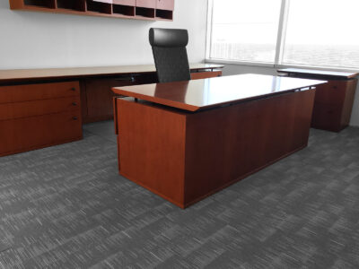 Find used veneer desk set with wall matching hutchs at Office Liquidation